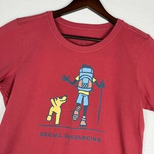 Life Is Good Womens M Crusher Tee Red Social Distancing Hiking Dog Graphic
